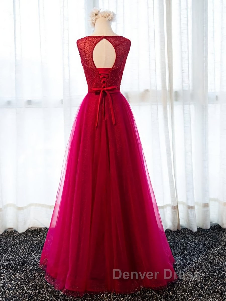 Round Neck Burgundy Beaded Prom Dress, Wine Red Beaded Prom Bridesmaid Dresses