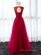 Round Neck Burgundy Beaded Prom Dress, Wine Red Beaded Prom Bridesmaid Dresses