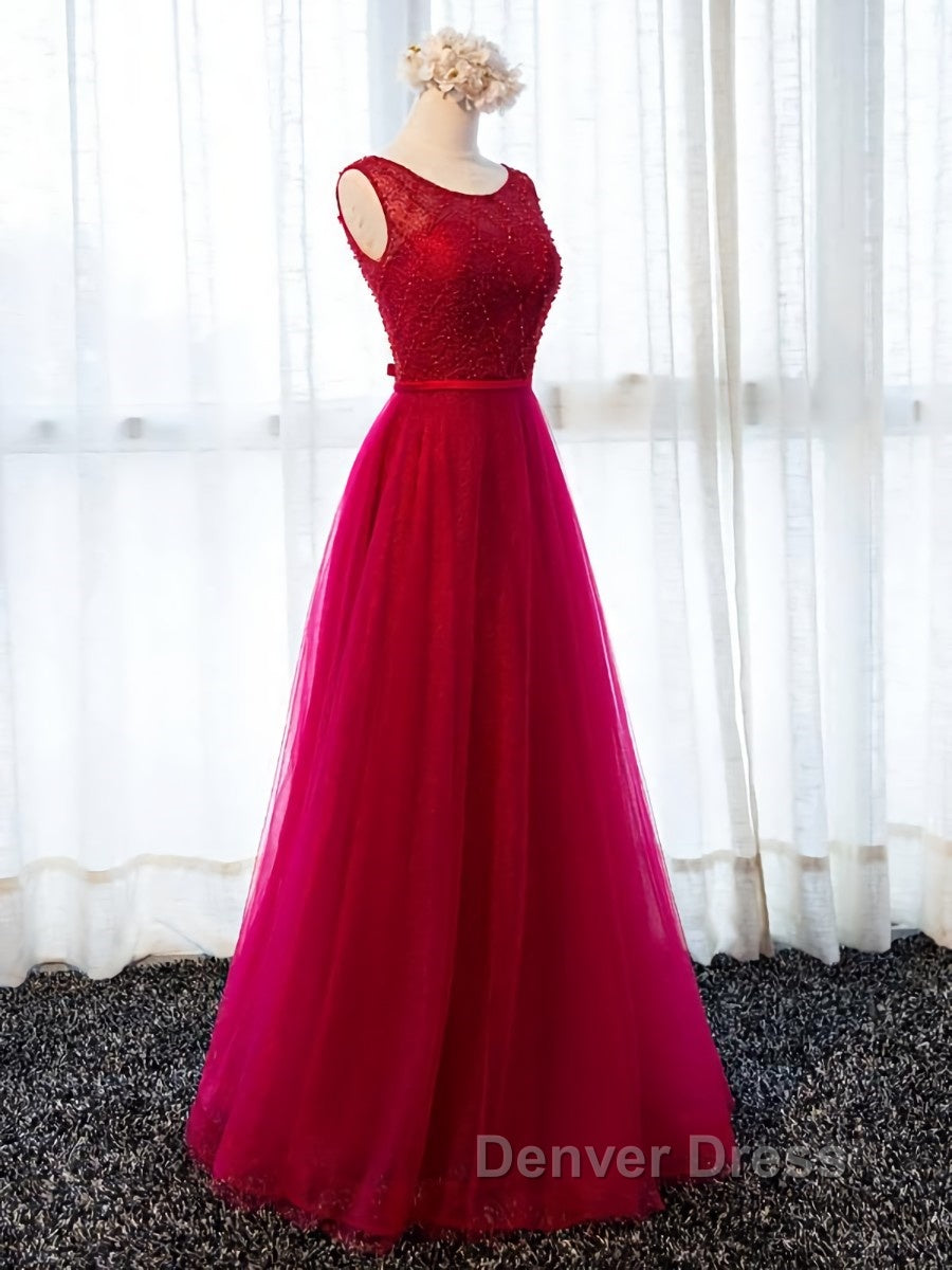 Round Neck Burgundy Beaded Prom Dress, Wine Red Beaded Prom Bridesmaid Dresses