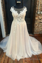 Round Neck Cap Sleeve A-Line Long Wedding Dress