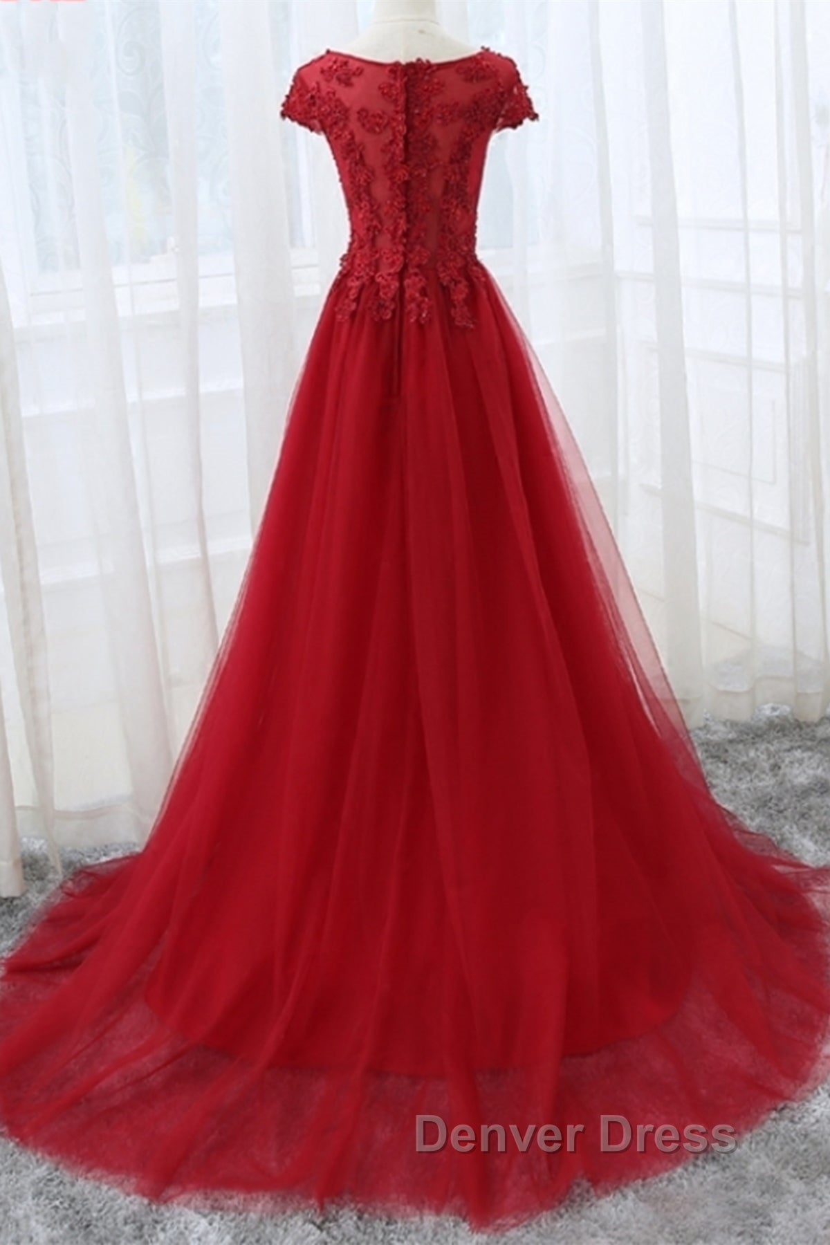 Round Neck Cap Sleeves Lace Long Prom Dress,Tulle Lace Prom Dresses Secondary image