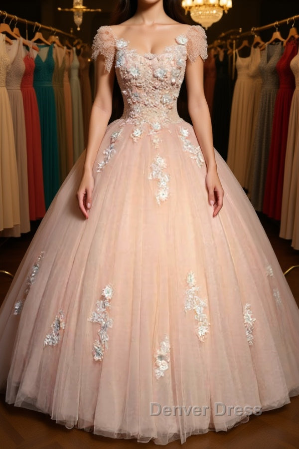 Round Neck Cap Sleeves Lace Pink Long Prom Dress, Pink Lace Prom Dress, Pink Prom Dresses, Ball Gowns