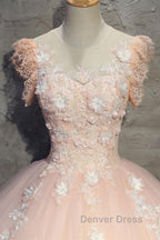 Round Neck Cap Sleeves Lace Pink Long Prom Dress, Pink Lace Prom Dress, Pink Prom Dresses, Ball Gowns