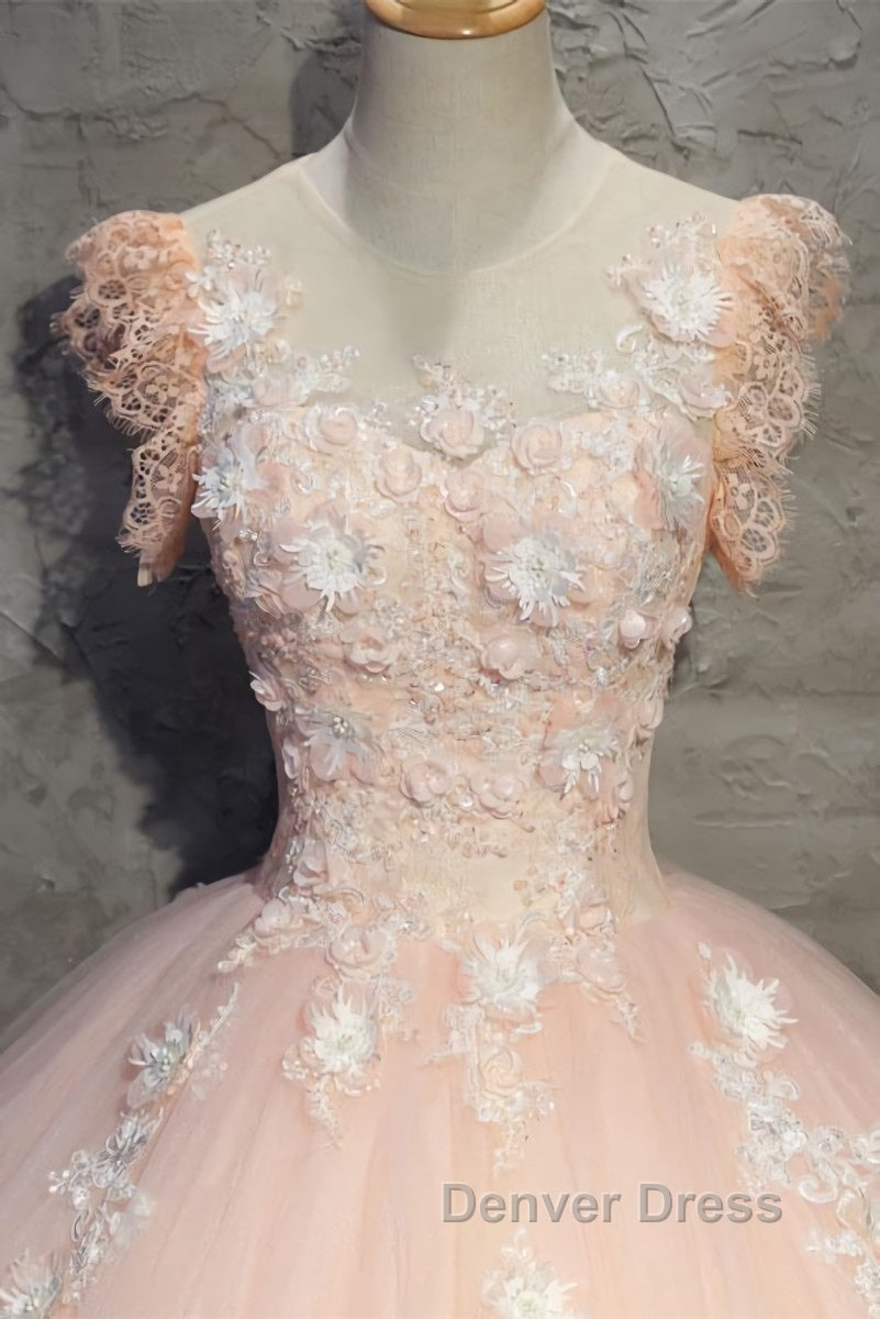 Round Neck Cap Sleeves Lace Pink Long Prom Dress, Pink Lace Prom Dress, Pink Prom Dresses, Ball Gowns