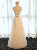 Round Neck Champagne Lace Prom Dresses, Champagne Lace Formal Evening Bridesmaid Dresses