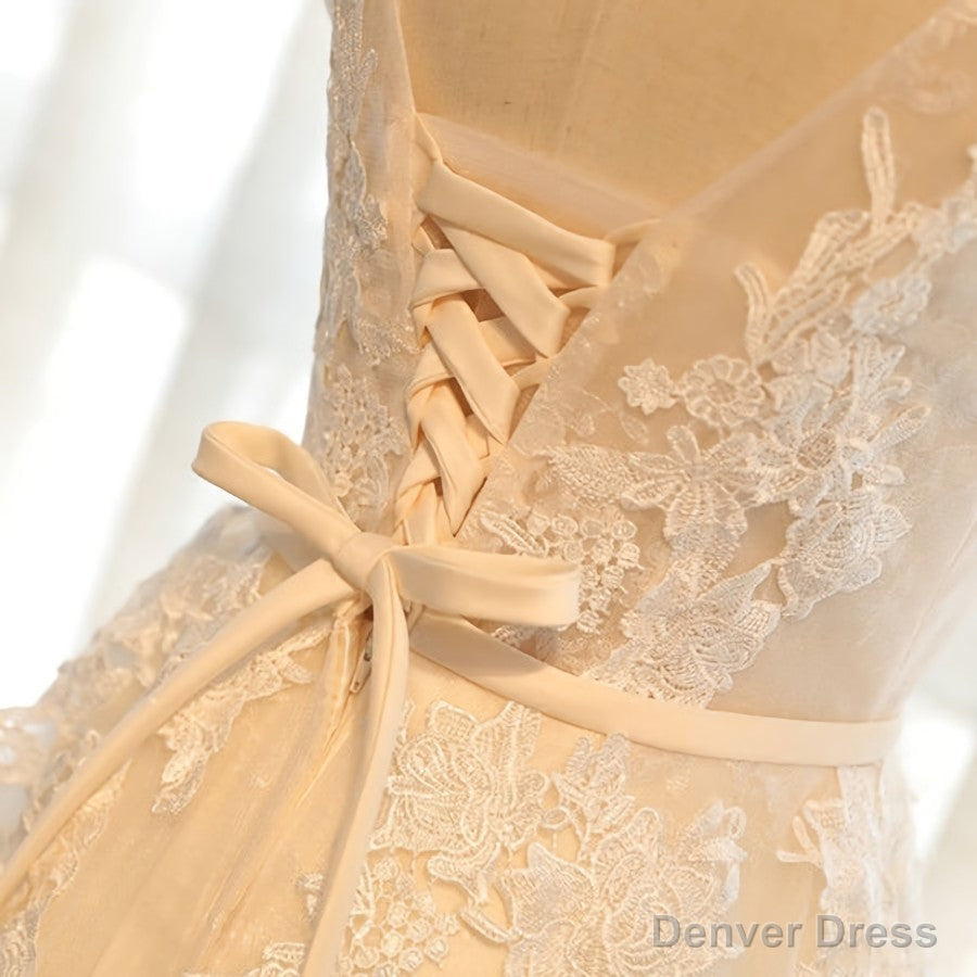 Round Neck Champagne Lace Prom Dresses, Champagne Lace Formal Evening Bridesmaid Dresses