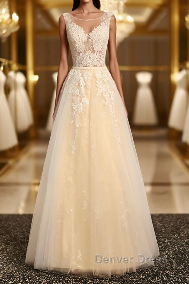 Round Neck Champagne Lace Prom Dress with Corset Back, Champagne Lace Prom Bridesmaid Dresses Main image