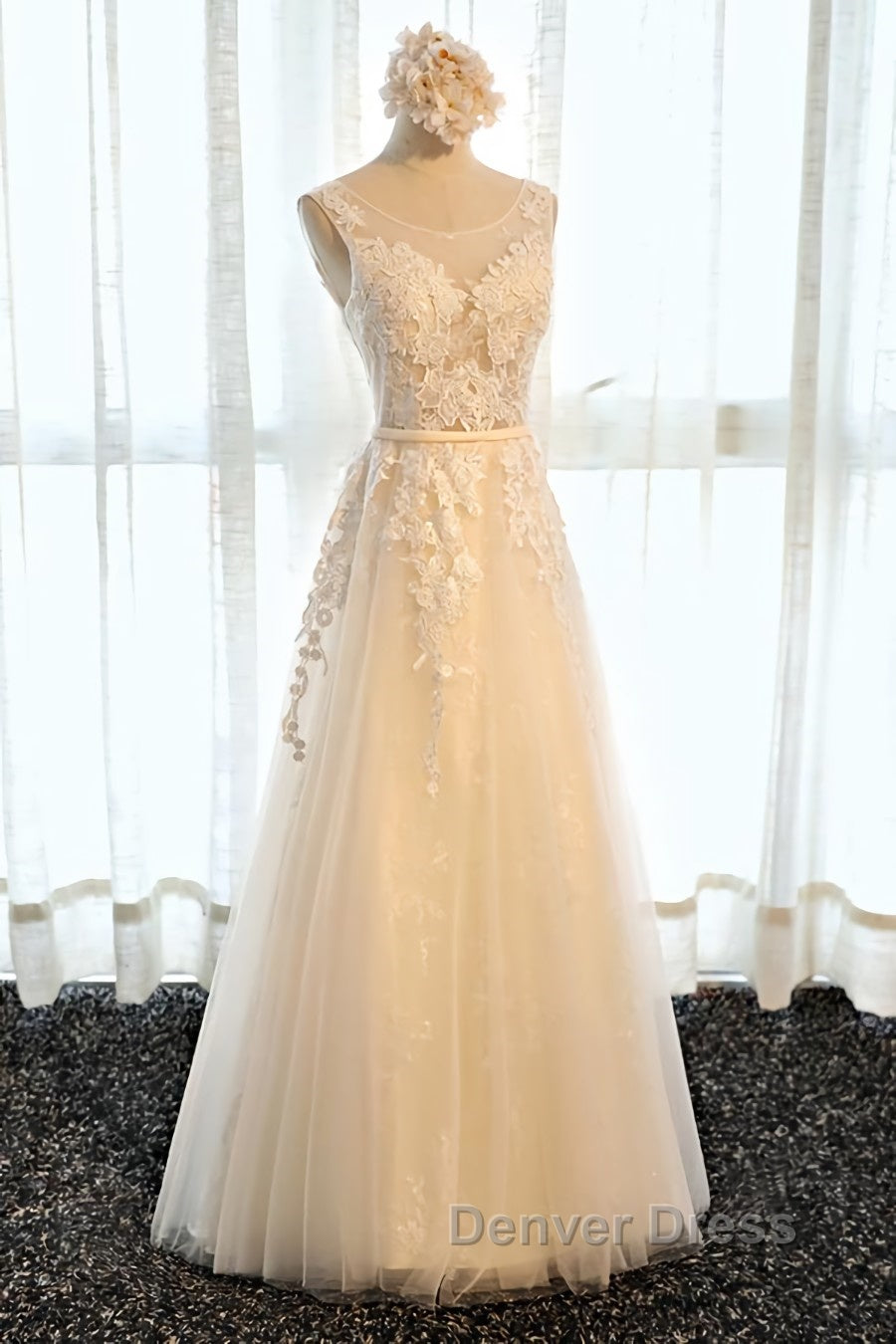 Round Neck Champagne Lace Prom Dress with Corset Back, Champagne Lace Prom Bridesmaid Dresses