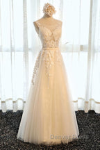 Round Neck Champagne Lace Prom Dress with Corset Back, Champagne Lace Prom Bridesmaid Dresses
