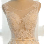 Round Neck Champagne Lace Prom Dress with Corset Back, Champagne Lace Prom Bridesmaid Dresses