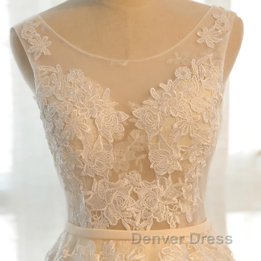 Round Neck Champagne Lace Prom Dress with Corset Back, Champagne Lace Prom Bridesmaid Dresses