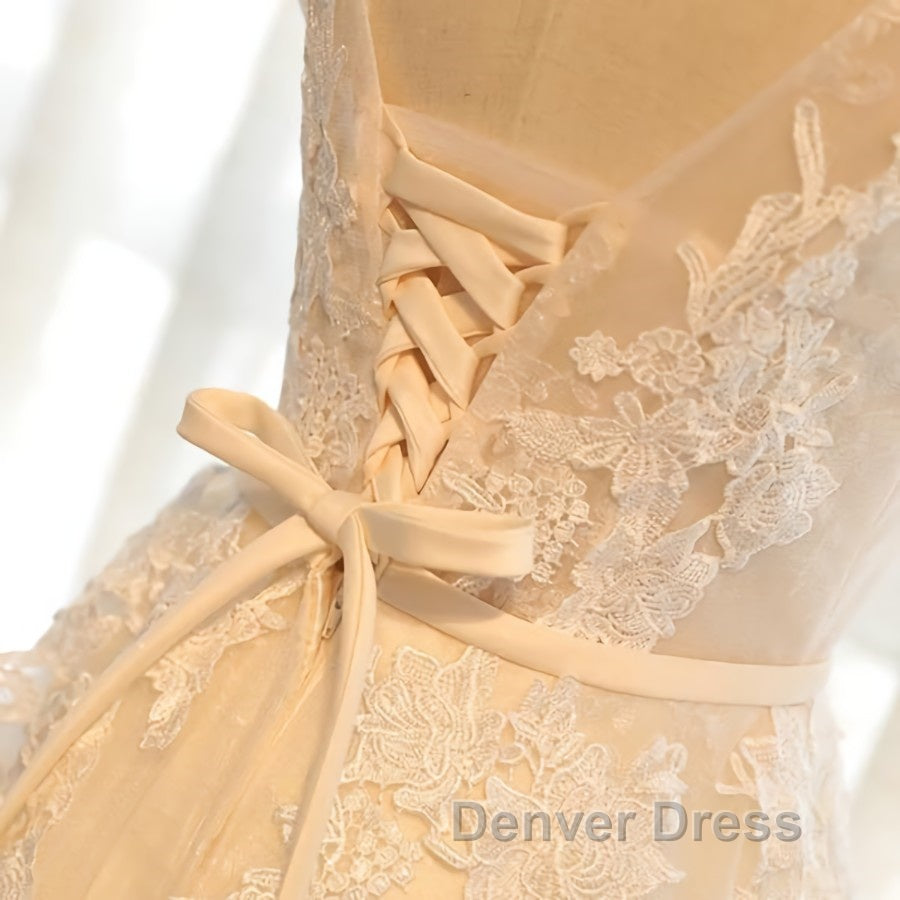 Round Neck Champagne Lace Prom Dress with Corset Back, Champagne Lace Prom Bridesmaid Dresses