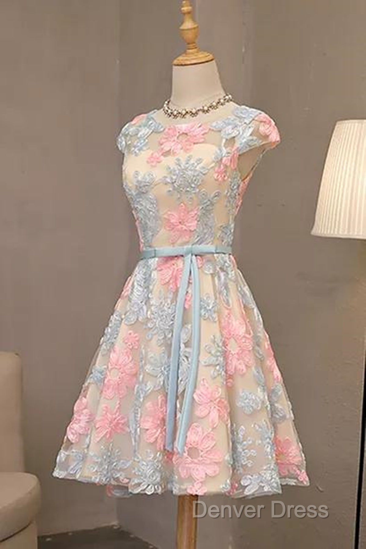 Round Neck Colorful Short Cap Sleeves Lace Prom Dress, Short Colorful Lace Graduation Homecoming Dresses Secondary image