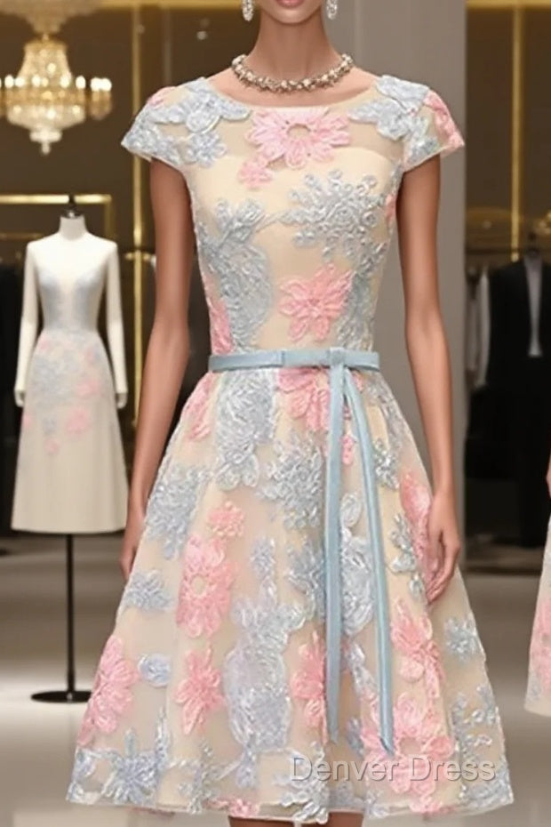 Round Neck Colorful Short Cap Sleeves Lace Prom Dress, Short Colorful Lace Graduation Homecoming Dresses Main image