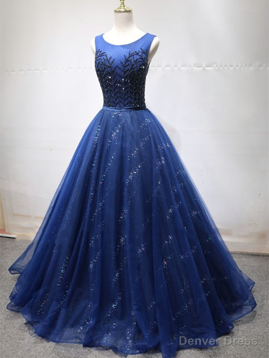 Round Neck Dark Navy Blue Long Prom Dresses with Corset Back, Navy Blue Formal Evening Dresses Main image