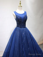 Round Neck Dark Navy Blue Long Prom Dress with Corset Back, Navy Blue Prom Dresses