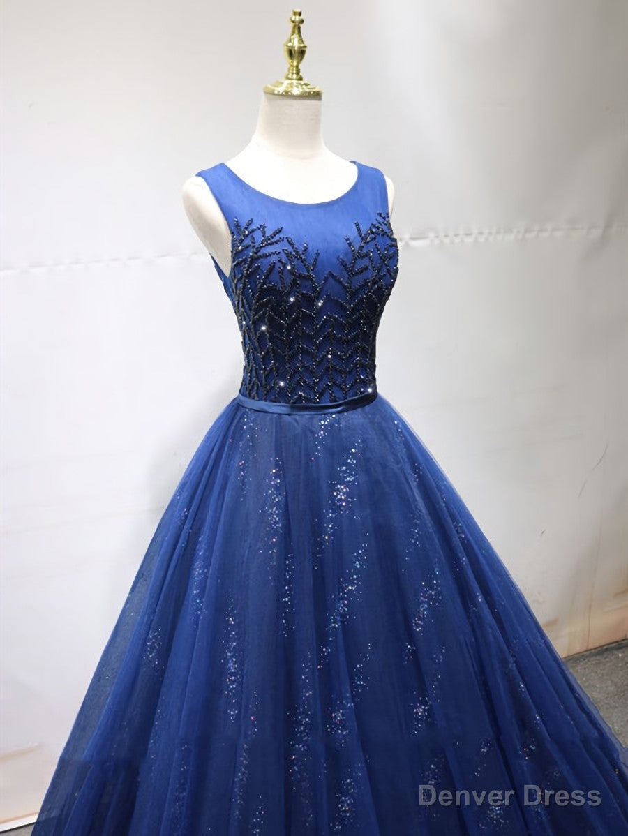Round Neck Dark Navy Blue Long Prom Dress with Corset Back, Navy Blue Prom Dresses