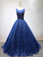 Round Neck Dark Navy Blue Long Prom Dress with Corset Back, Navy Blue Prom Dresses