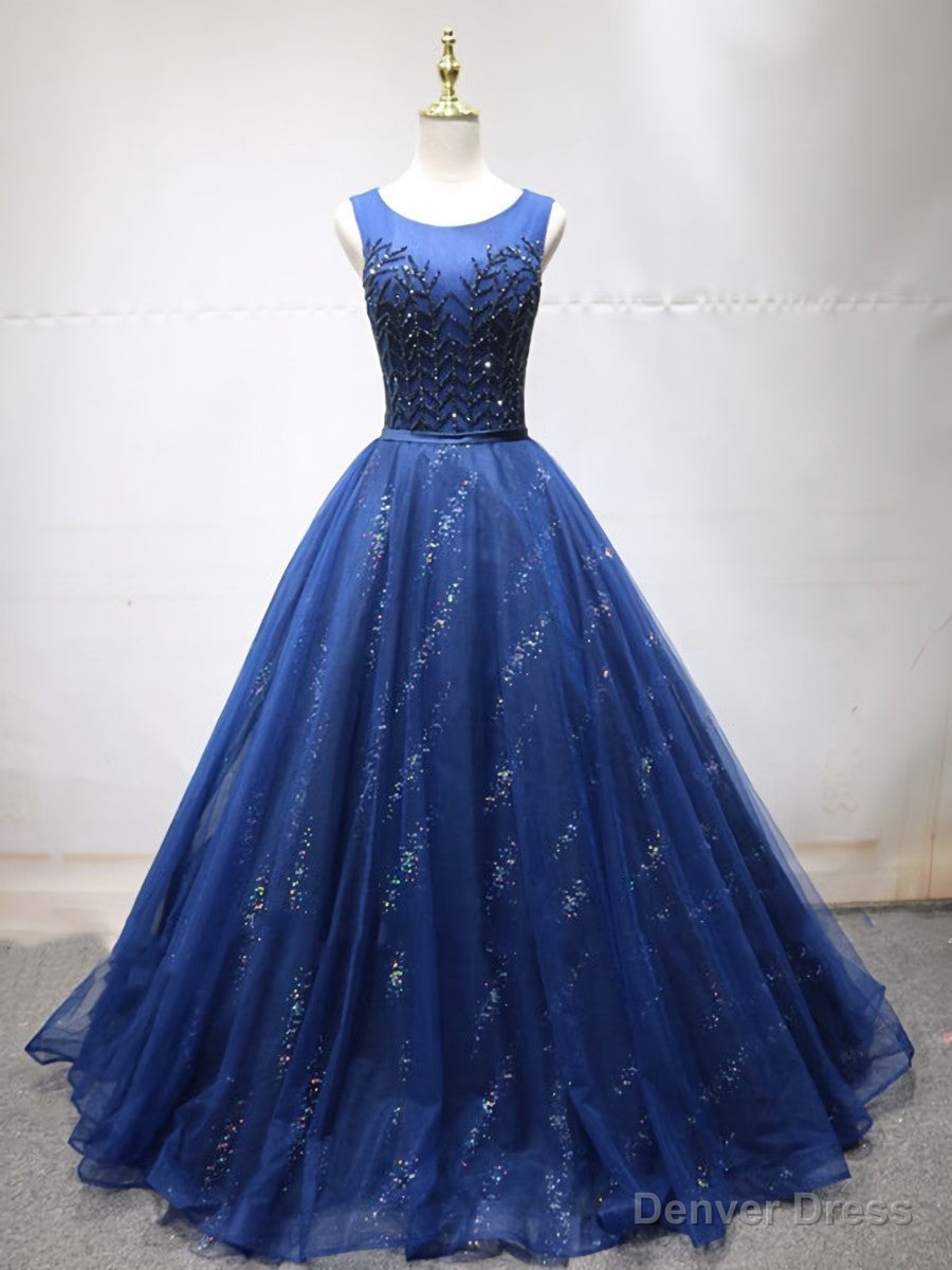 Round Neck Dark Navy Blue Long Prom Dress with Corset Back, Navy Blue Prom Dresses