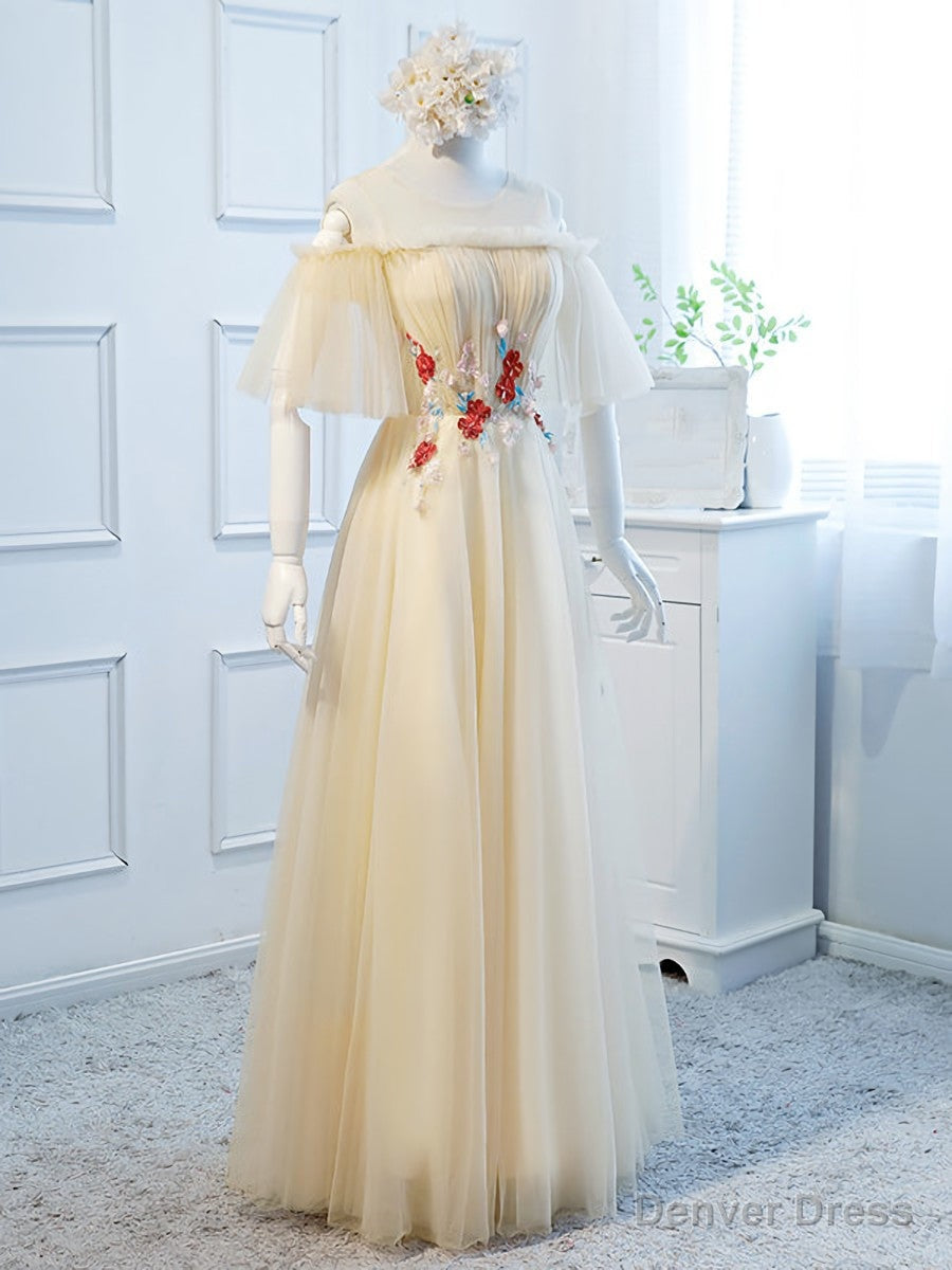Round Neck Floral Champagne Long Prom Dress, Champagne Long Prom Bridesmaid Dresses