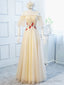 Round Neck Floral Champagne Long Prom Dress, Champagne Long Prom Bridesmaid Dresses