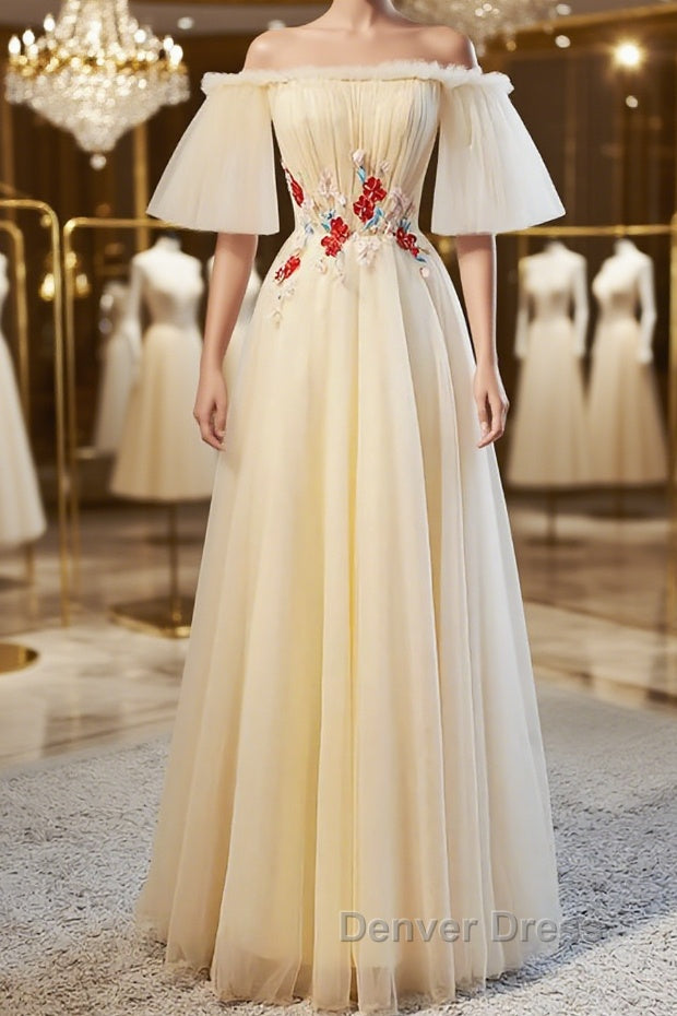 Round Neck Floral Champagne Long Prom Dress with Corset Back, Champagne Long Prom Bridesmaid Dresses Main image