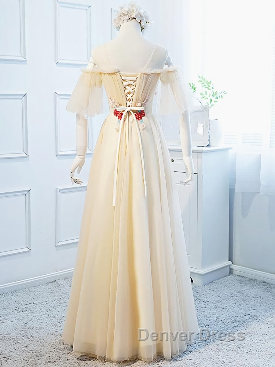 Round Neck Floral Champagne Long Prom Dress with Corset Back, Champagne Long Prom Bridesmaid Dresses