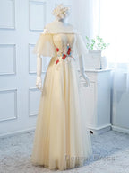 Round Neck Floral Champagne Long Prom Dress with Corset Back, Champagne Long Prom Bridesmaid Dresses