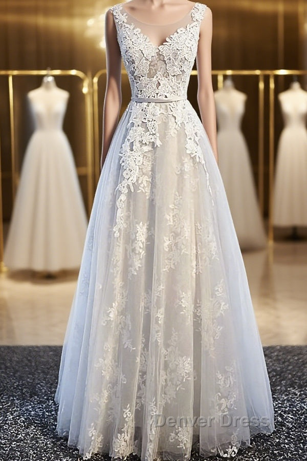 Round Neck Gray Lace Prom Dress with Corset Back, Gray Lace Prom Bridesmaid Dresses Main image