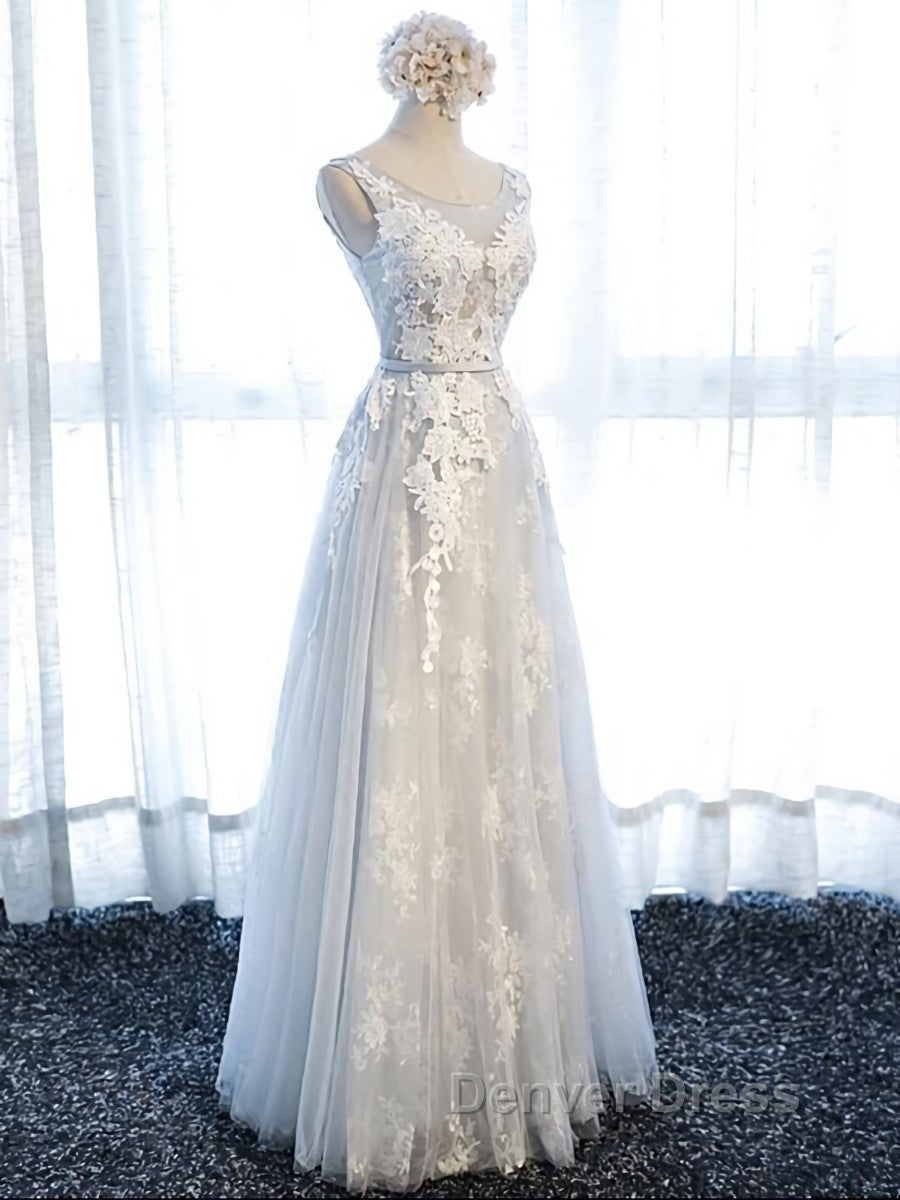 Round Neck Gray Lace Prom Dress with Corset Back, Gray Lace Prom Bridesmaid Dresses