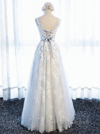 Round Neck Gray Lace Prom Dress with Corset Back, Gray Lace Prom Bridesmaid Dresses