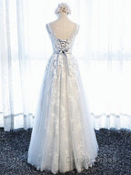 Round Neck Gray Lace Prom Dress with Corset Back, Gray Lace Prom Bridesmaid Dresses