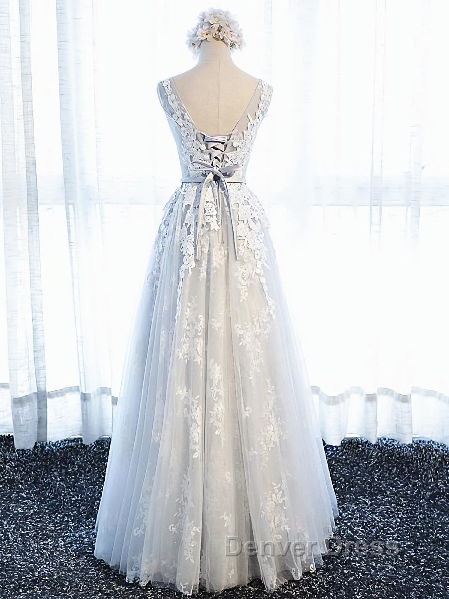 Round Neck Gray Lace Prom Dress with Corset Back, Gray Lace Prom Bridesmaid Dresses