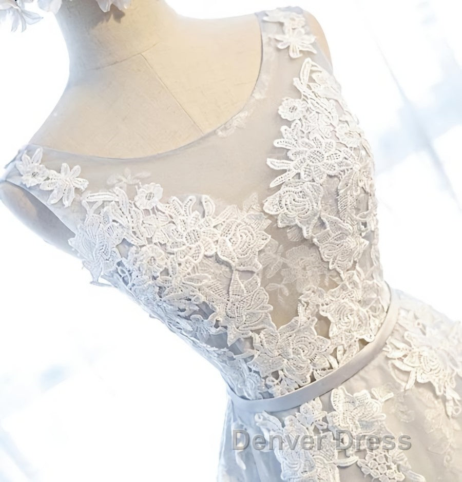 Round Neck Gray Lace Prom Dress with Corset Back, Gray Lace Prom Bridesmaid Dresses