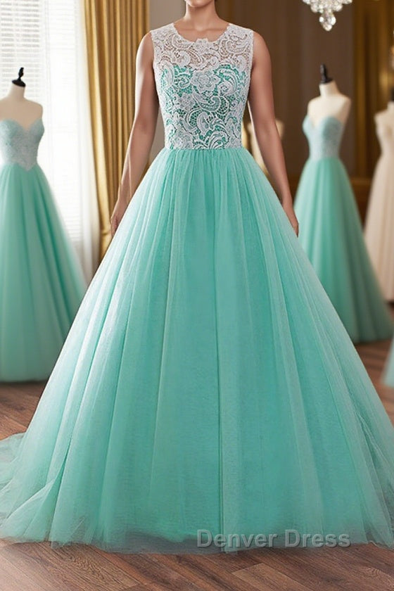 Round Neck Green Lace Tulle Long Prom Dress, Green Lace Prom Dress, Green Prom Dresses