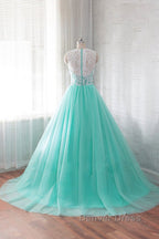 Round Neck Green Lace Tulle Long Prom Dress, Green Lace Prom Dress, Green Prom Dresses