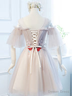 Round Neck Half Sleeves Short Pink Prom Dress, Half Sleeves Short Pink Graduation Bridesmaid Dresses