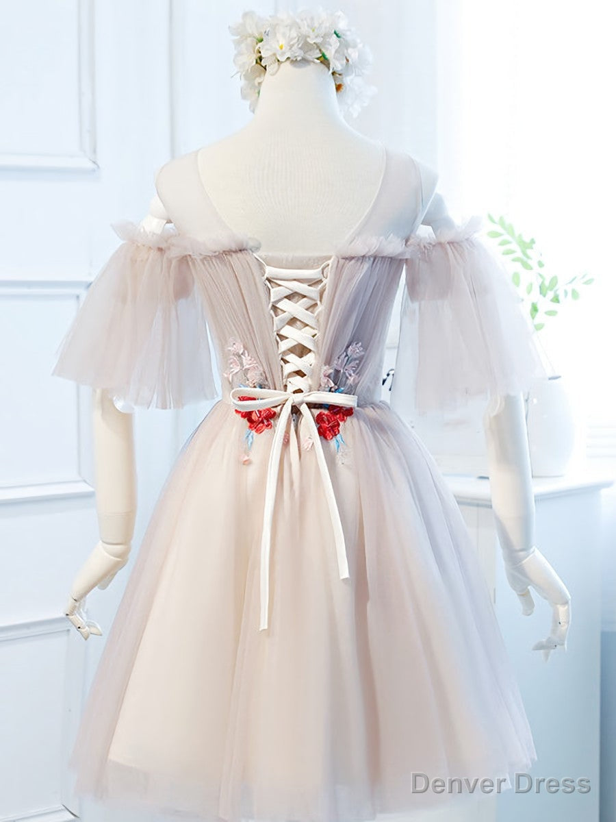 Round Neck Half Sleeves Short Pink Prom Dress, Half Sleeves Short Pink Graduation Bridesmaid Dresses