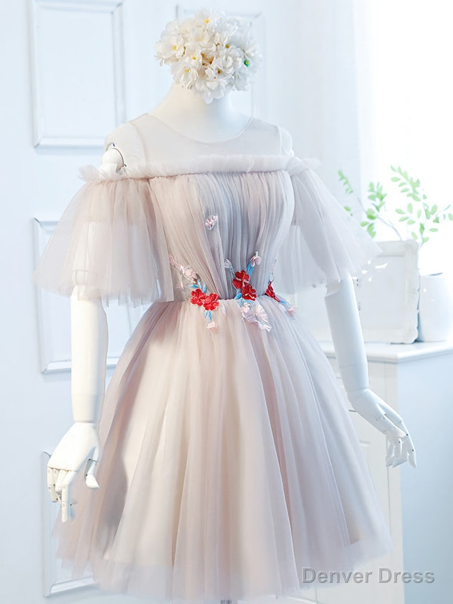 Round Neck Half Sleeves Short Pink Prom Dress, Half Sleeves Short Pink Graduation Bridesmaid Dresses