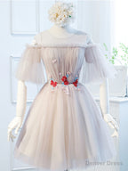 Round Neck Half Sleeves Short Pink Prom Dress, Half Sleeves Short Pink Graduation Bridesmaid Dresses