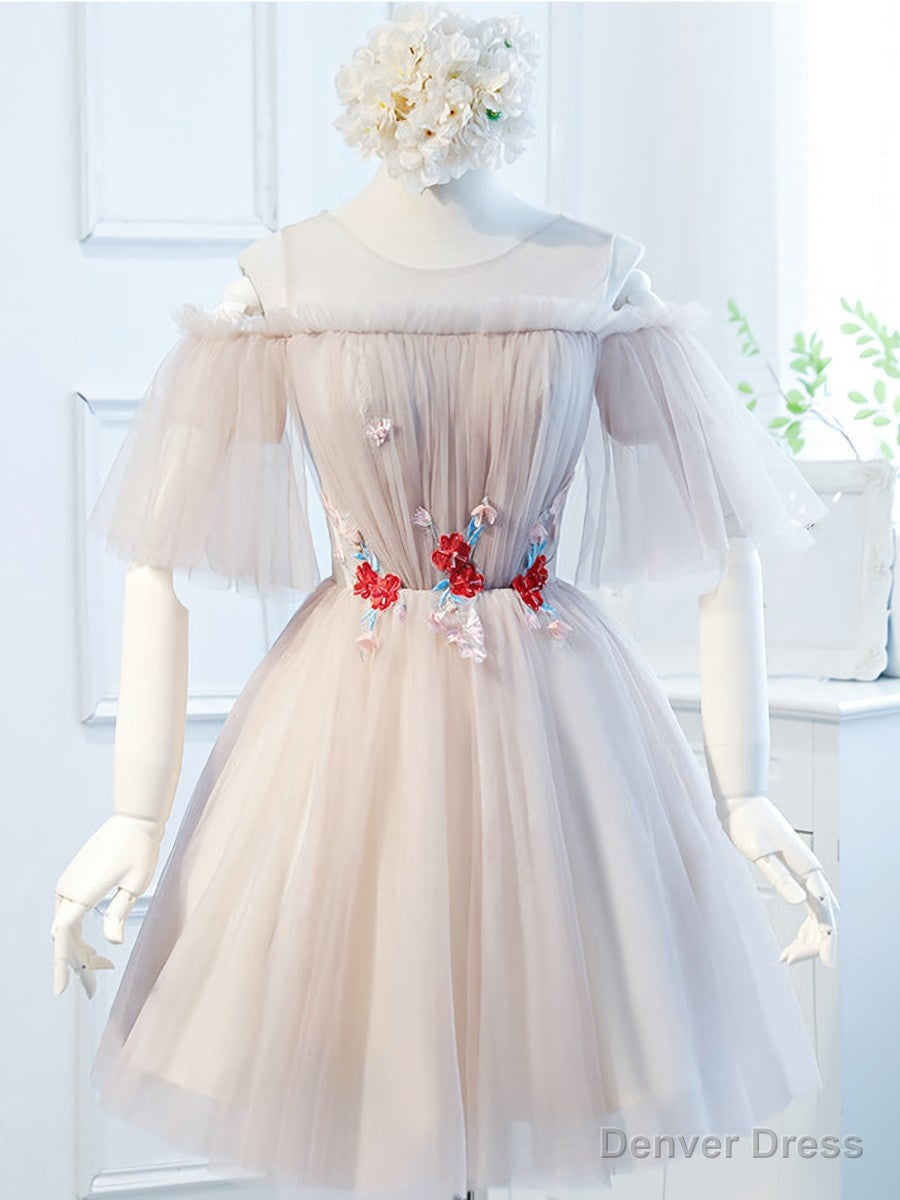 Round Neck Half Sleeves Short Pink Prom Dress, Half Sleeves Short Pink Graduation Bridesmaid Dresses