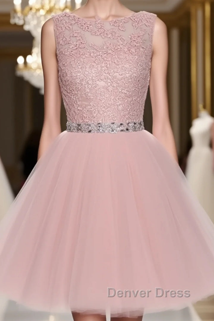Round Neck Lace Short Pink Prom Dress, Pink Homecoming Dress, Short Pink Prom Dresses Main image
