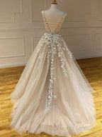 Round Neck Long Champagne Lace Wedding Dresses, Champagne Lace Formal Prom Evening Dresses