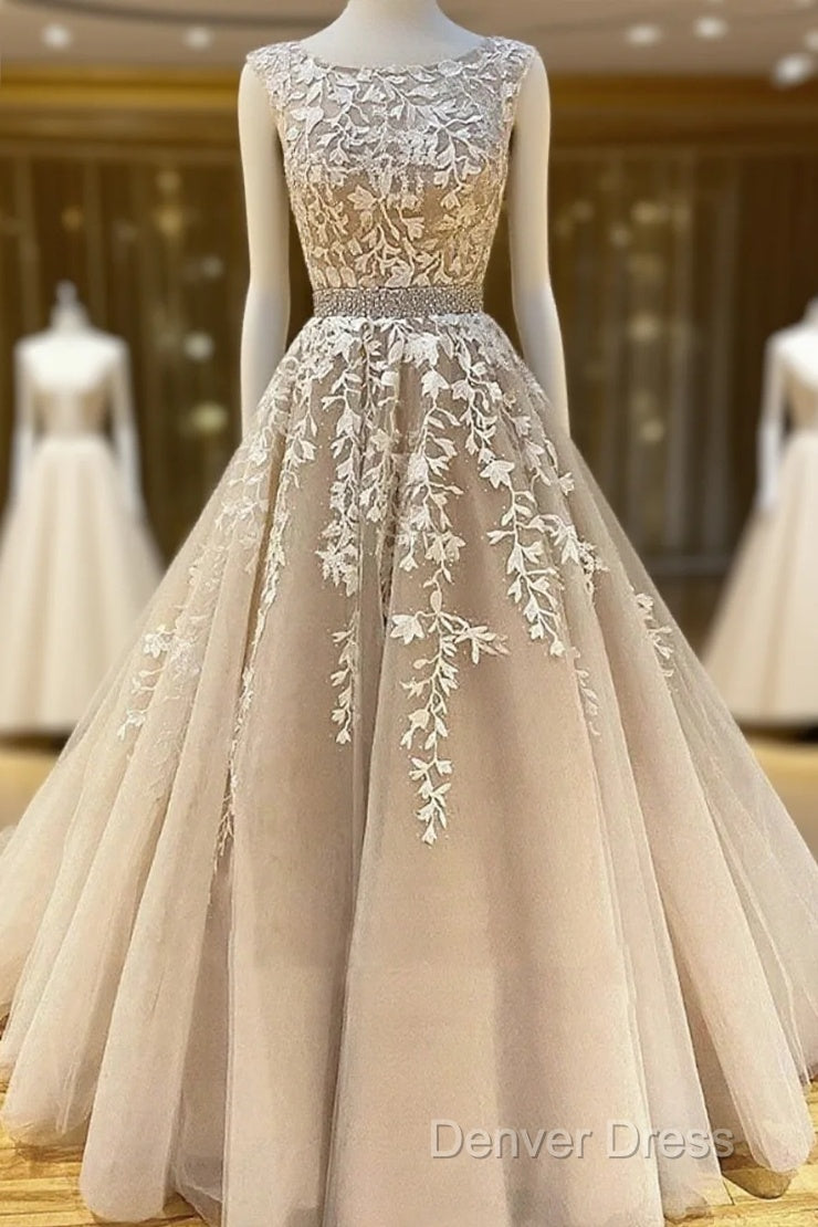 Round Neck Long Champagne Lace Wedding Dresses, Champagne Lace Formal Prom Evening Dresses Main image