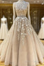 Round Neck Long Champagne Lace Wedding Dresses, Champagne Lace Formal Prom Evening Dresses
