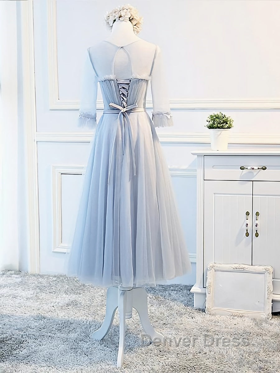 Round Neck Long Sleeves Blue Prom Dress, Long Sleeves Blue Prom Bridesmaid Prom Dresses Secondary image