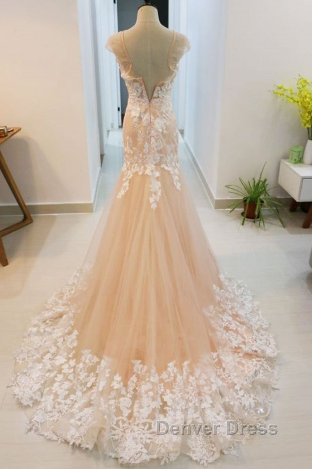 Round Neck Mermaid Champagne Lace Long Prom Dress, Mermaid Champagne Prom Dress, Champagne Lace Prom Dresses Secondary image