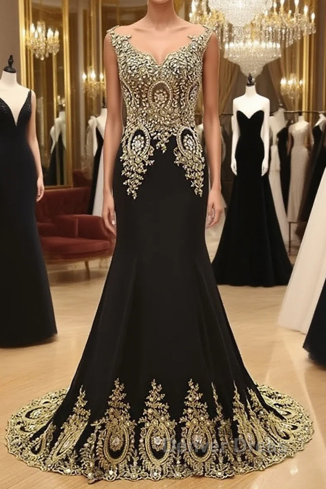 Round Neck Mermaid Lace Applique Black Prom Dress, Lace Black Prom Dresses Main image
