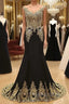 Round Neck Mermaid Lace Applique Black Prom Dress, Lace Black Prom Dresses