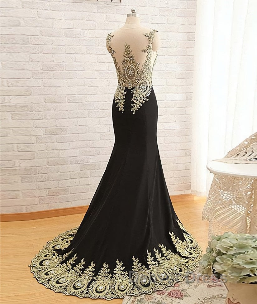 Round Neck Mermaid Lace Applique Black Prom Dress, Lace Black Prom Dresses